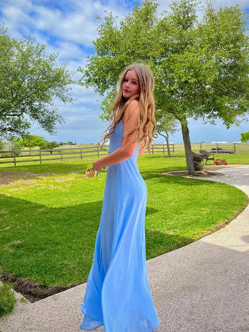 Luolandi Blue Straps Long Summer Party Dress Wedding Guest Dress Simple Formal Dress